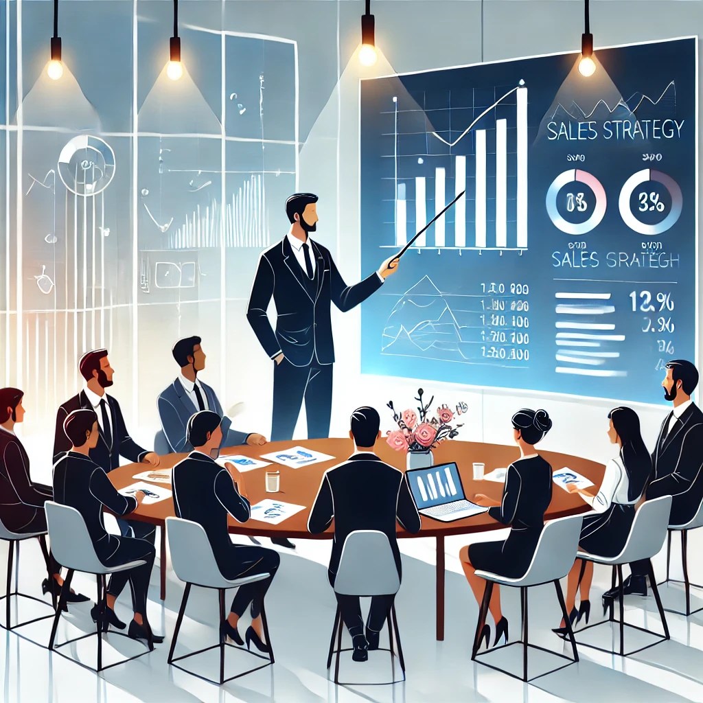Sales consultant presenting revenue growth strategy to executive team in modern conference room